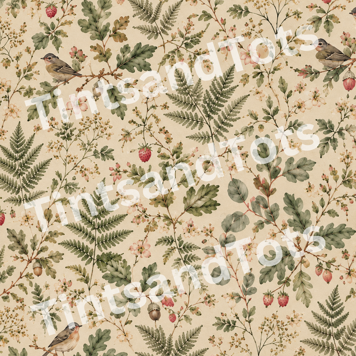 Woodland Fern & Birds Botanical Wallpaper — zoomed-in design preview with translucent TintsandTots watermark
