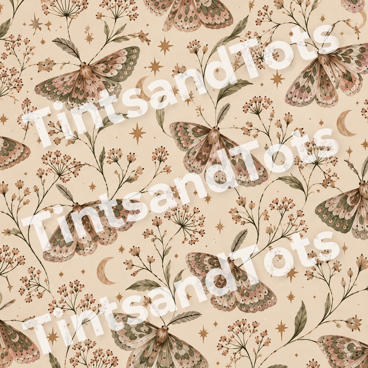 Moonlit Moths Botanical Wallpaper — zoomed-in design preview with translucent TintsandTots watermark