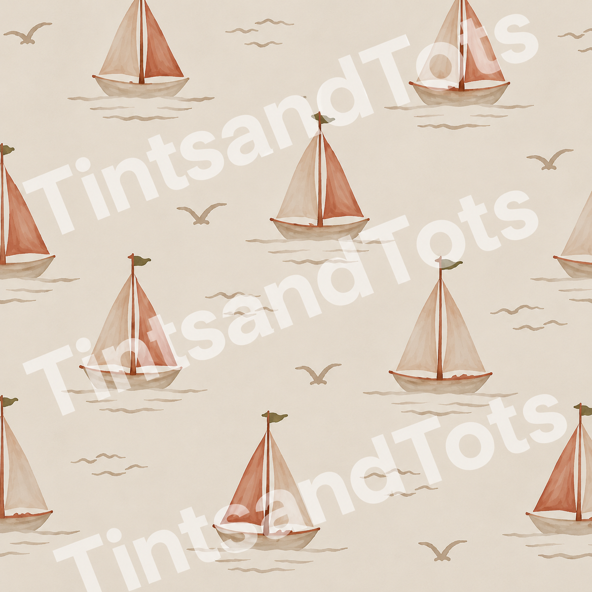 Little Sailboats Wallpaper — zoomed-in design preview with translucent TintsandTots watermark