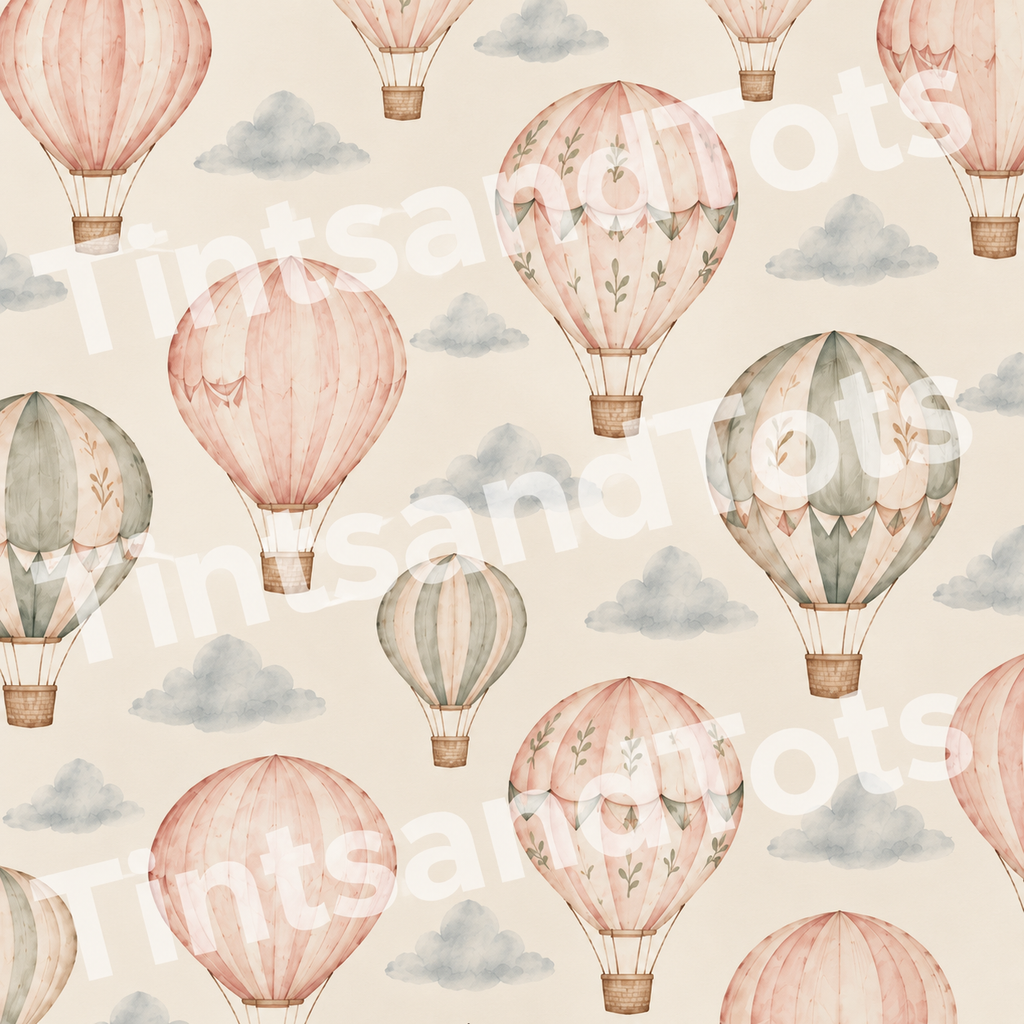 Storybook Hot Air Balloon Wallpaper — zoomed-in design preview with translucent TintsandTots watermark