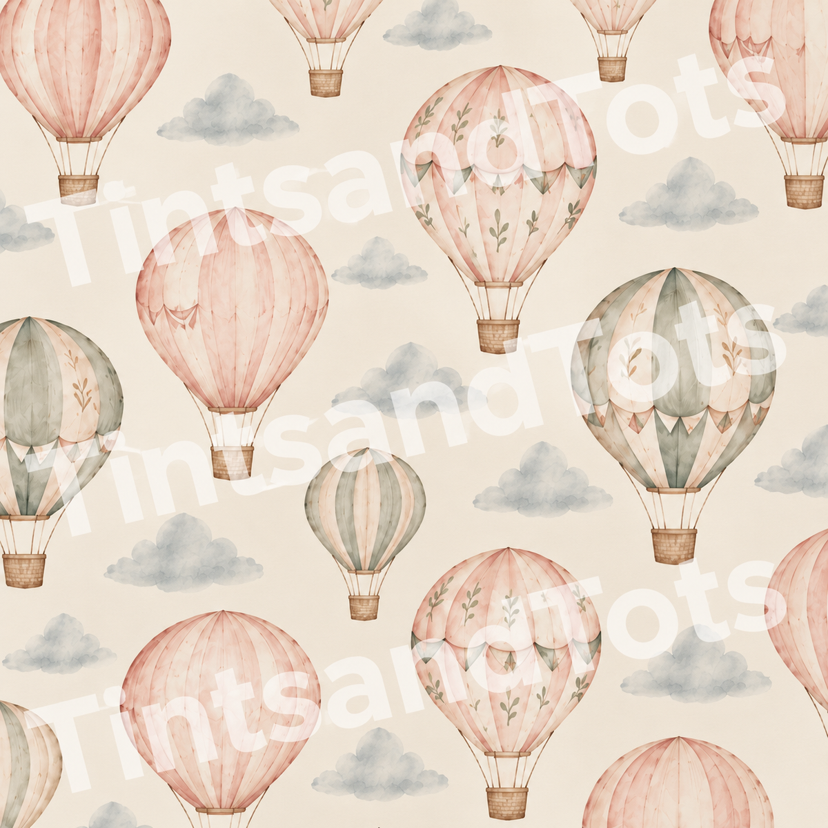 Storybook Hot Air Balloon Wallpaper — zoomed-in design preview with translucent TintsandTots watermark