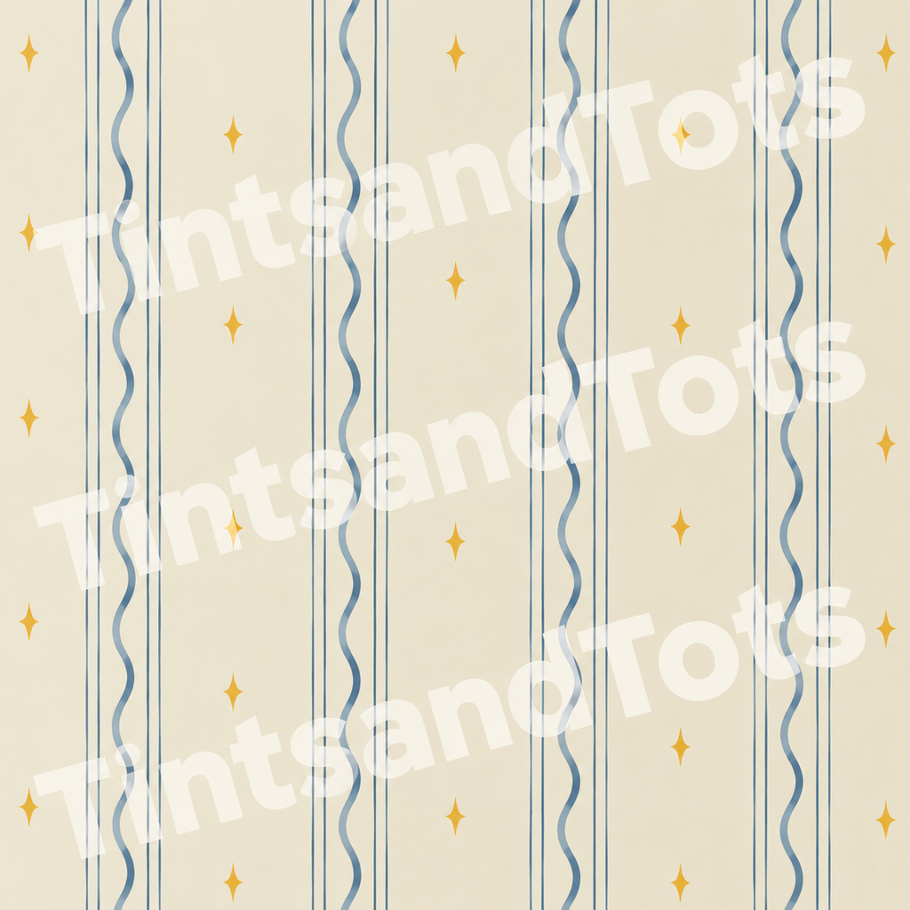 Blue Wavy Stripe & Stars Wallpaper — zoomed-in design preview with translucent TintsandTots watermark