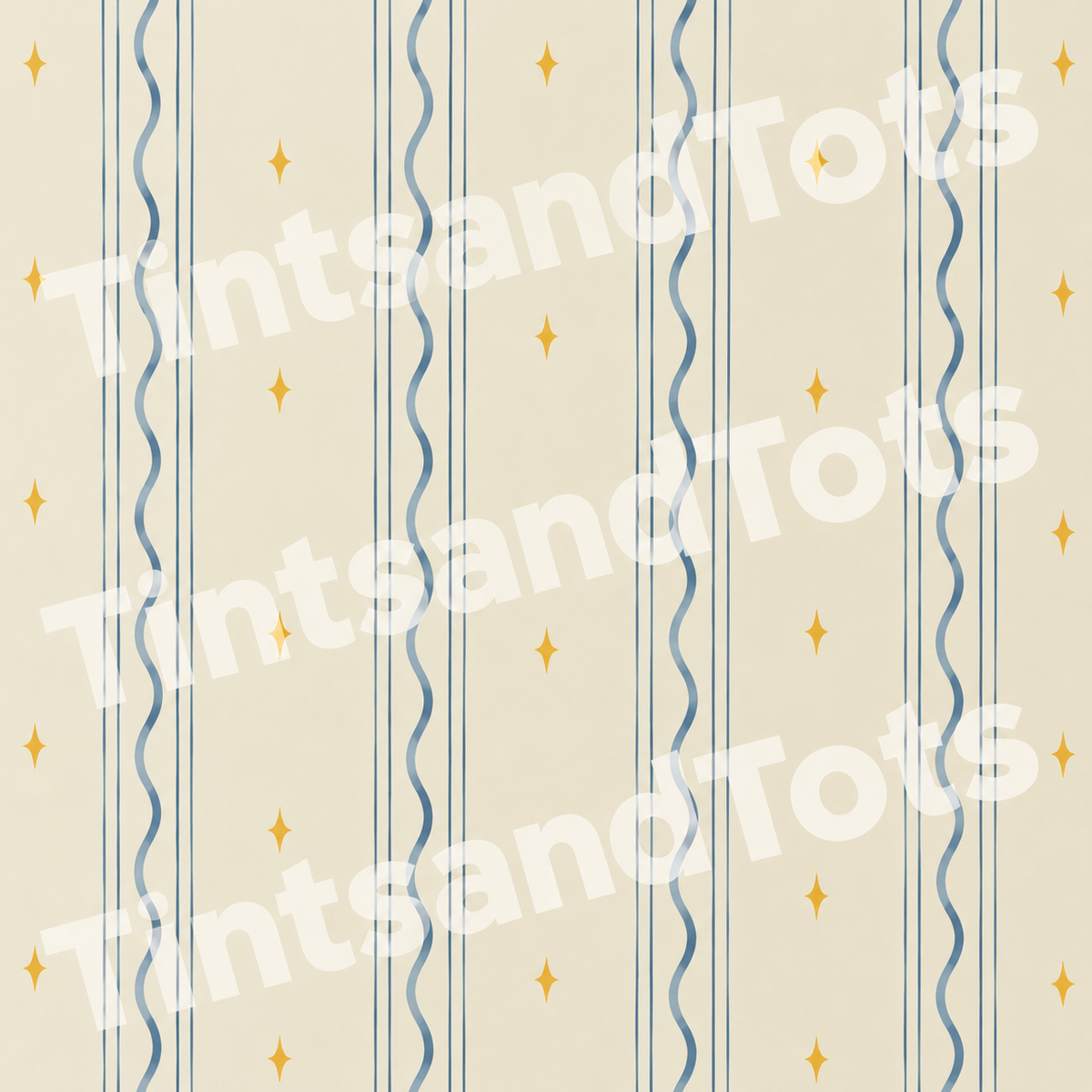 Blue Wavy Stripe & Stars Wallpaper — zoomed-in design preview with translucent TintsandTots watermark