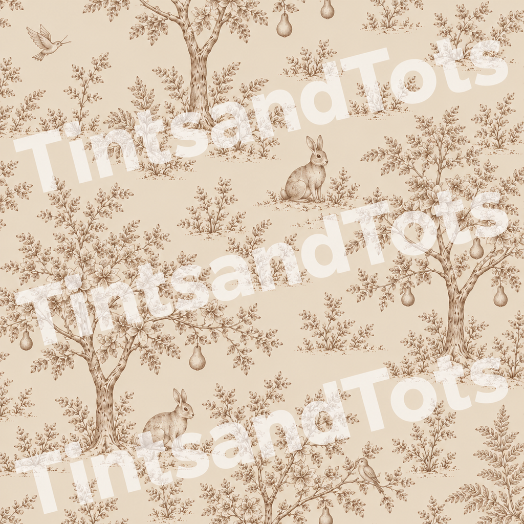 Oatmeal Woodland Toile Wallpaper — zoomed-in design preview with translucent TintsandTots watermark