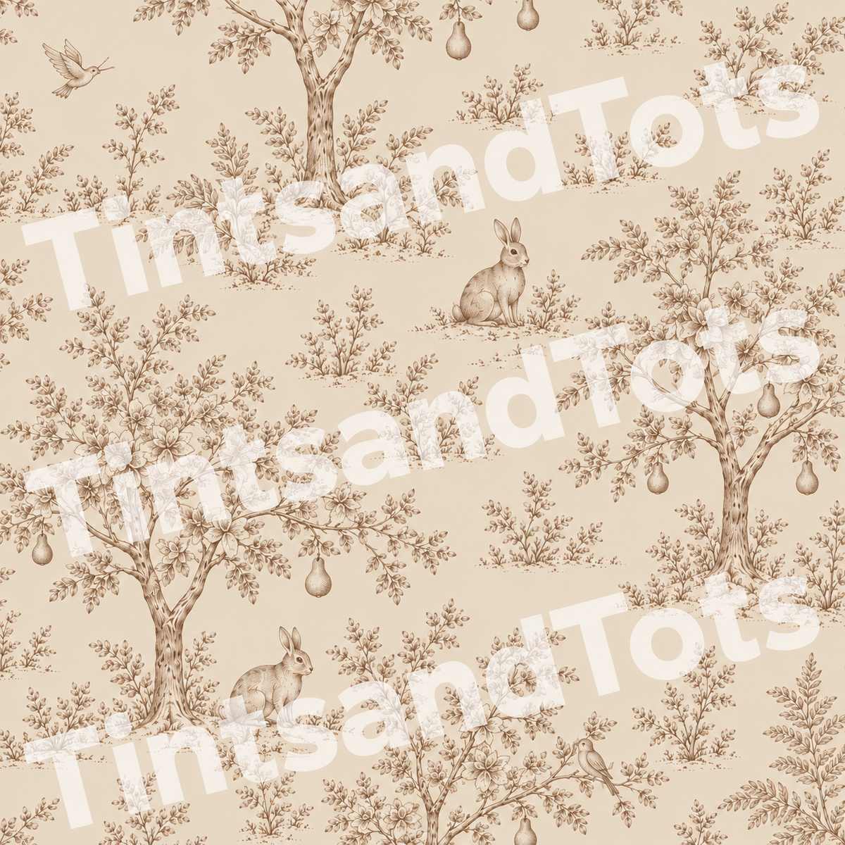 Oatmeal Woodland Toile Wallpaper — zoomed-in design preview with translucent TintsandTots watermark