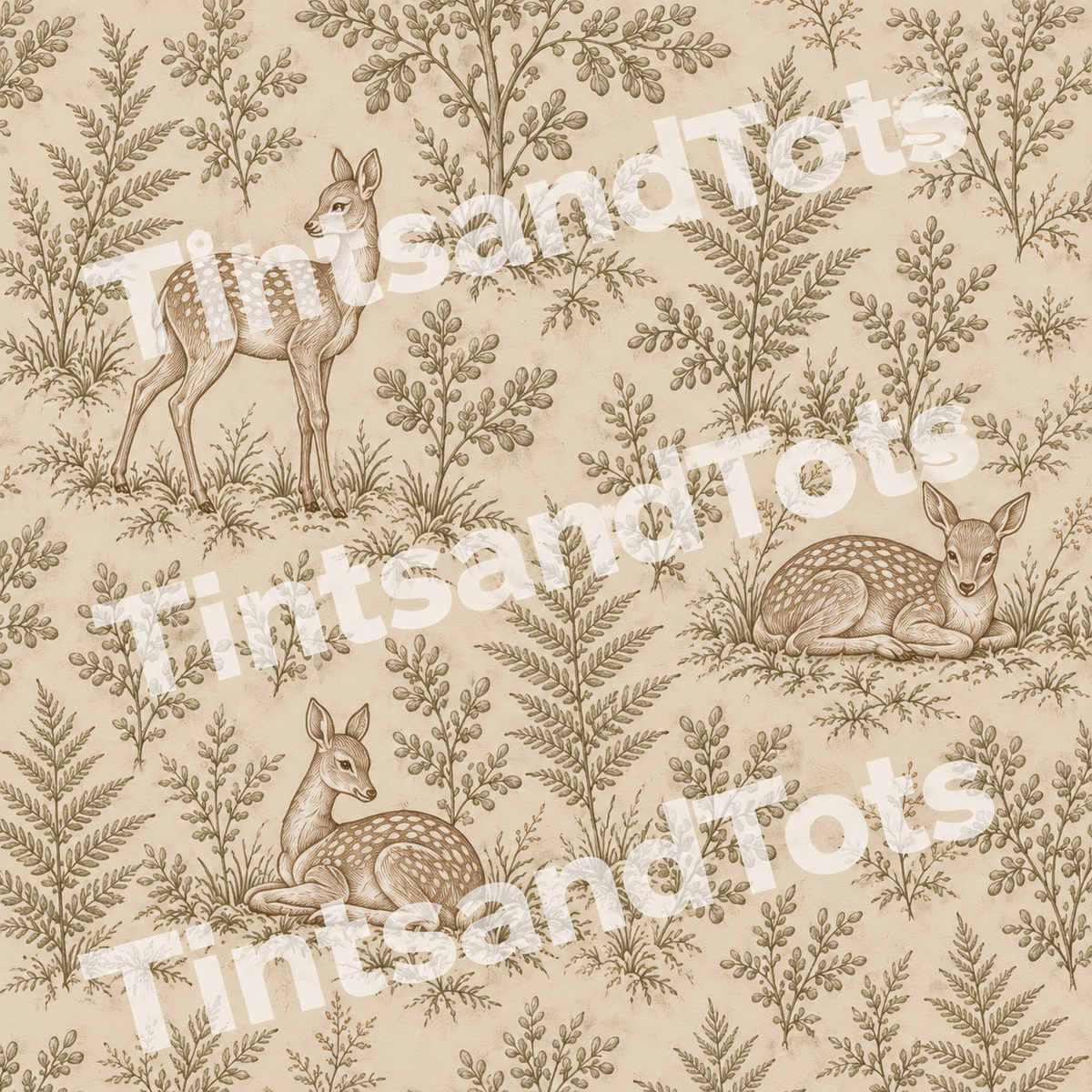 Fawn & Fern Woodland Wallpaper — zoomed-in design preview with translucent TintsandTots watermark