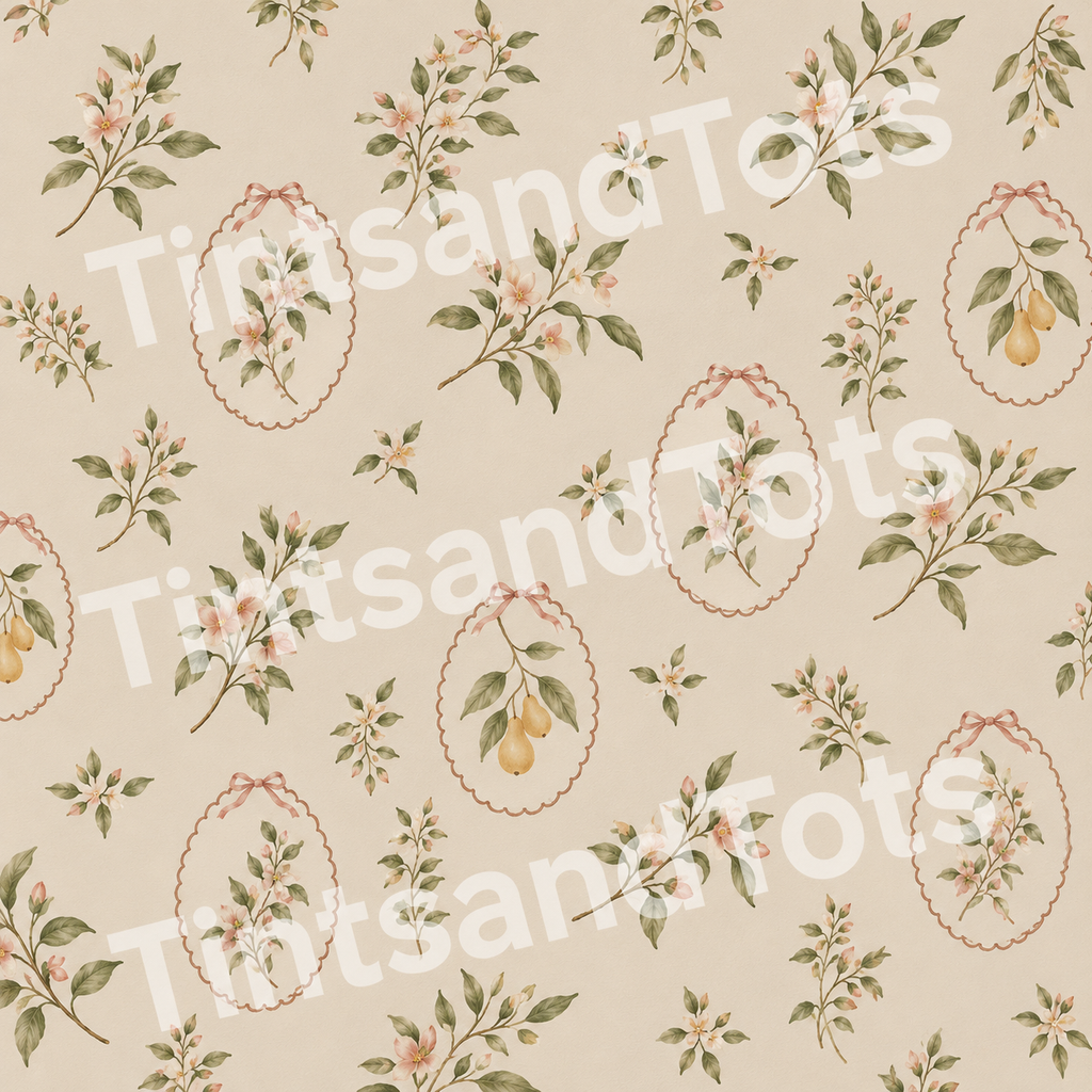 Framed Botanical Garden Wallpaper — zoomed-in design preview with translucent TintsandTots watermark