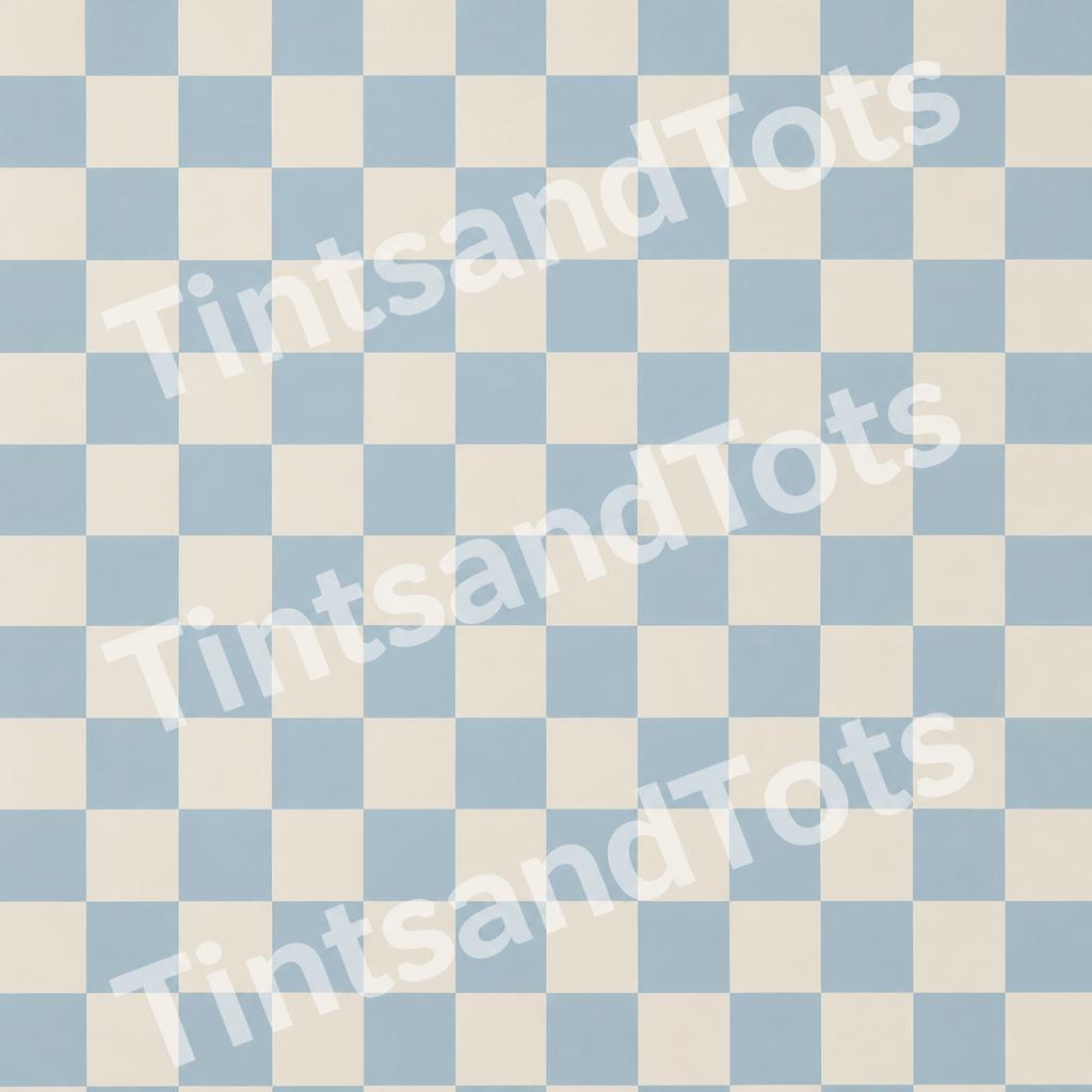 Soft Blue Checkerboard Wallpaper — zoomed-in design preview with translucent TintsandTots watermark