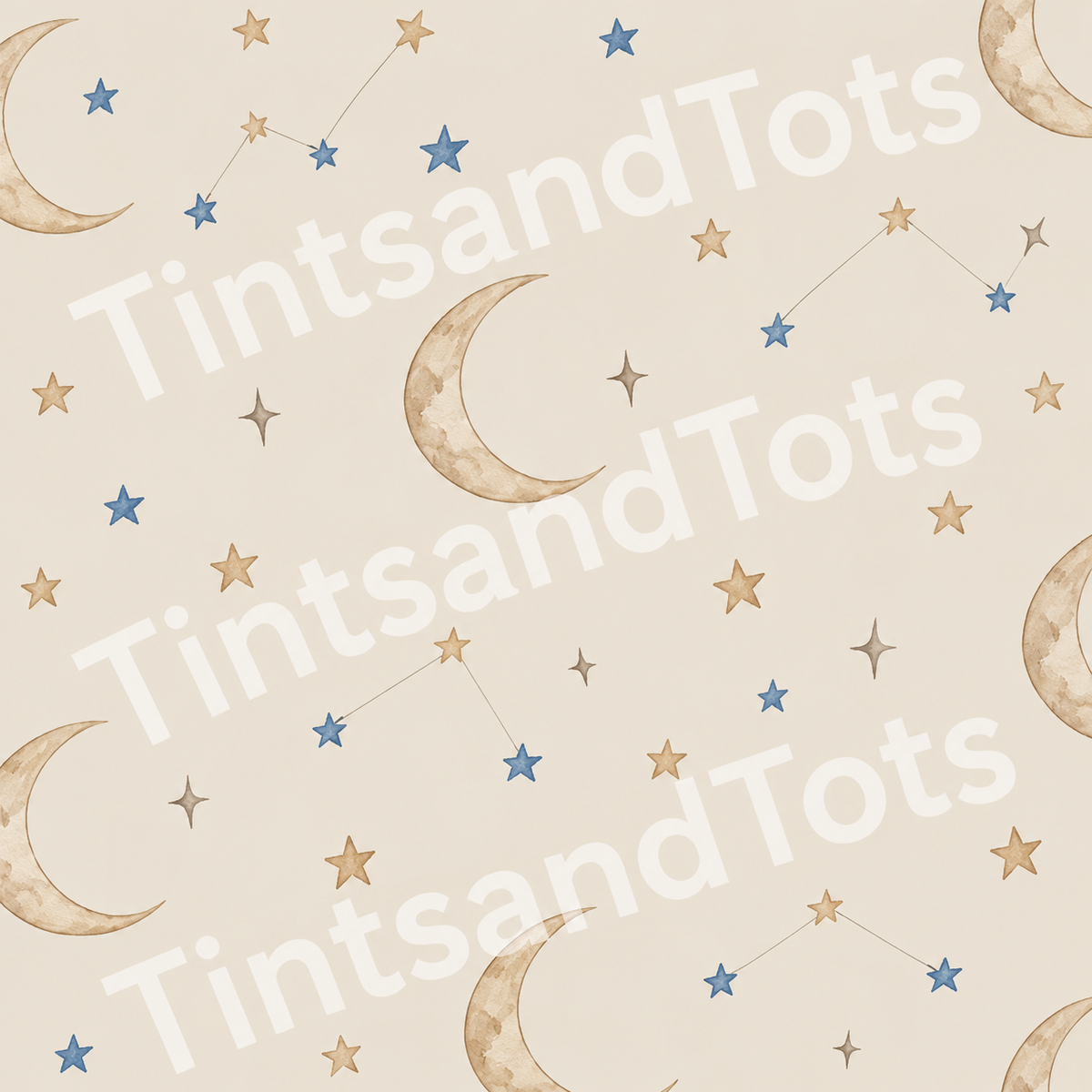Moon & Constellations Nursery Wallpaper — zoomed-in design preview with translucent TintsandTots watermark