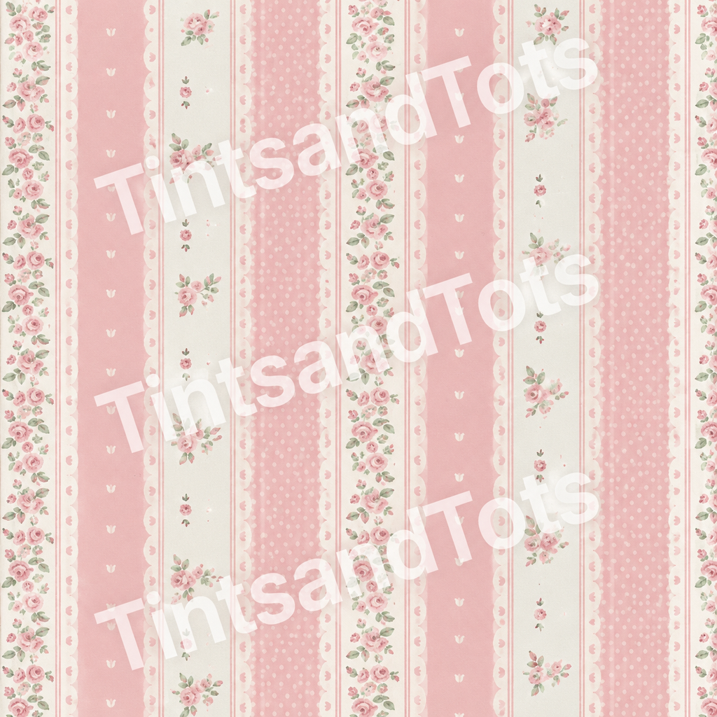 Pink Vintage Floral Stripe Wallpaper — zoomed-in design preview with translucent TintsandTots watermark