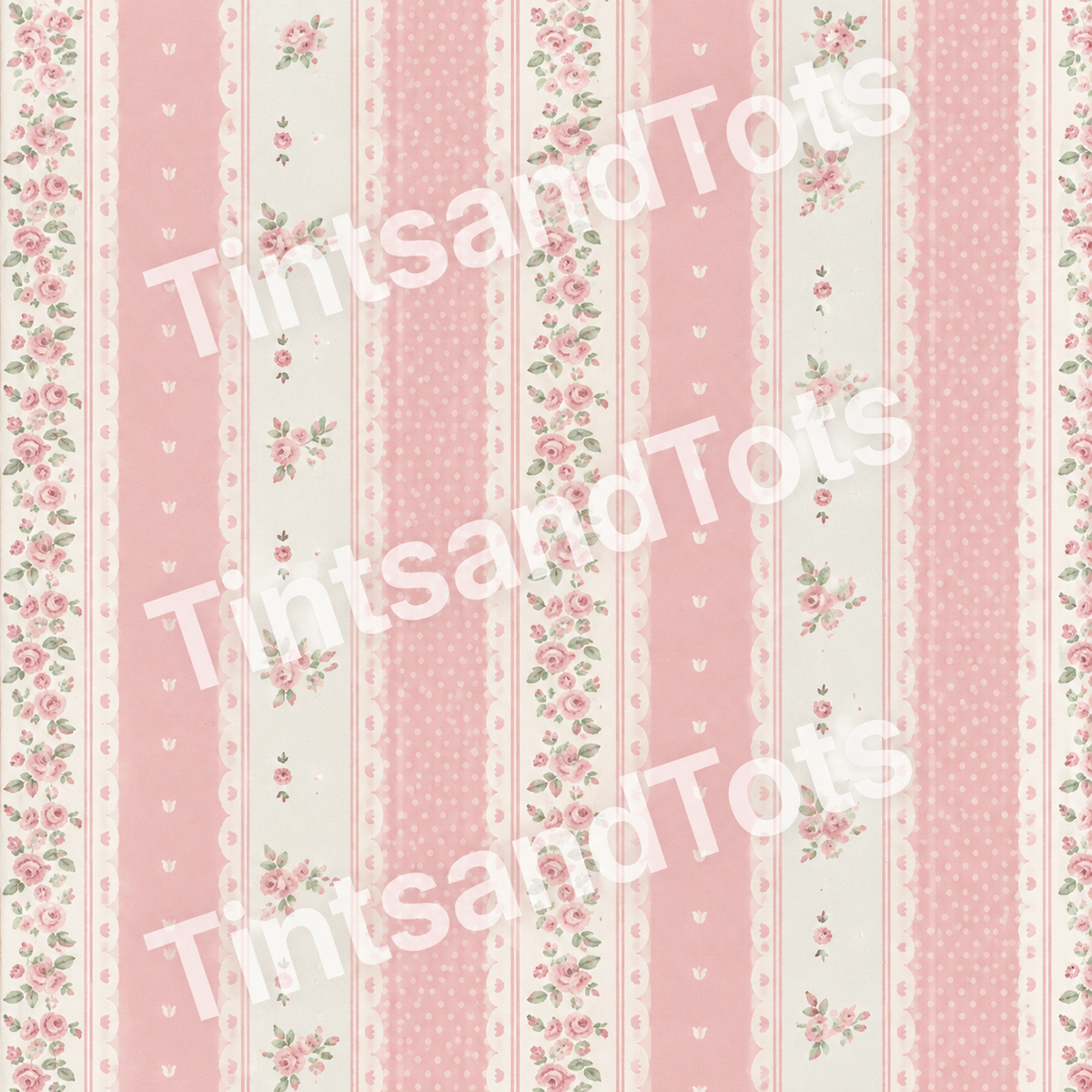 Pink Vintage Floral Stripe Wallpaper — zoomed-in design preview with translucent TintsandTots watermark