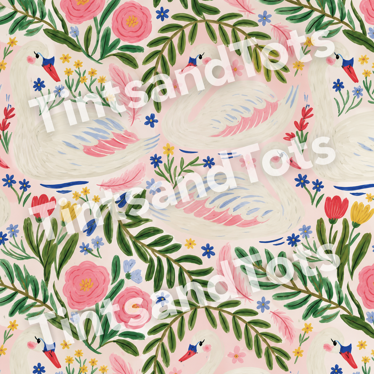 Colorful Swan Garden Wallpaper — zoomed-in design preview with translucent TintsandTots watermark