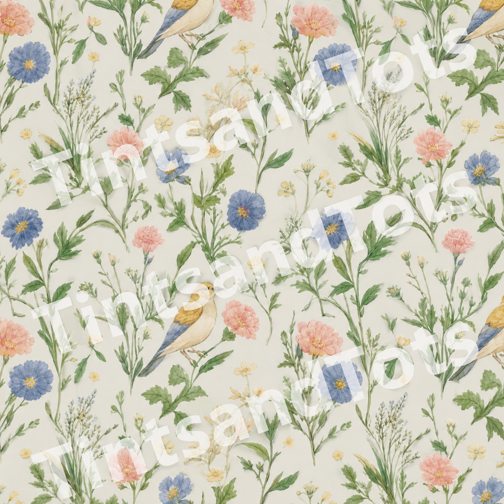 Pastel Bird and Wildflower Wallpaper — zoomed-in design preview with translucent TintsandTots watermark
