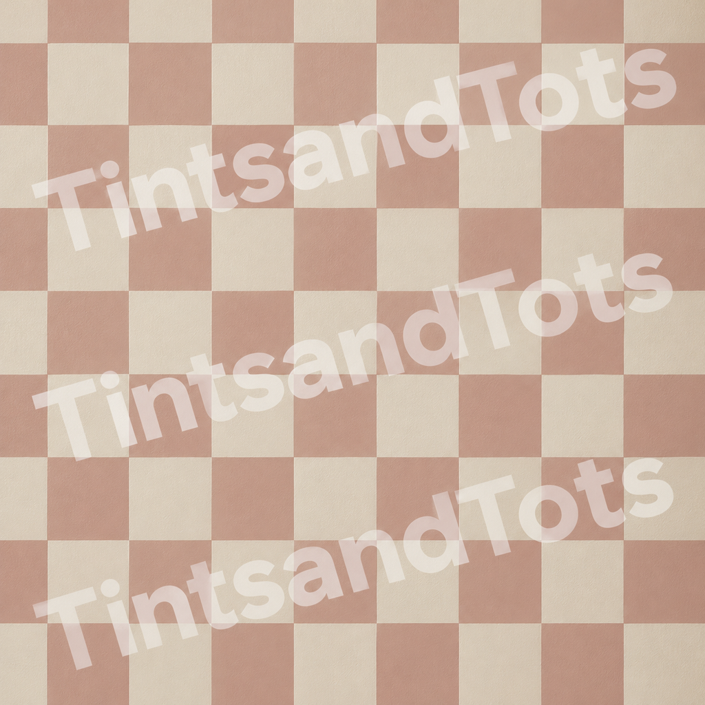 Dusty Pink and Cream Checkerboard Wallpaper — zoomed-in design preview with translucent TintsandTots watermark