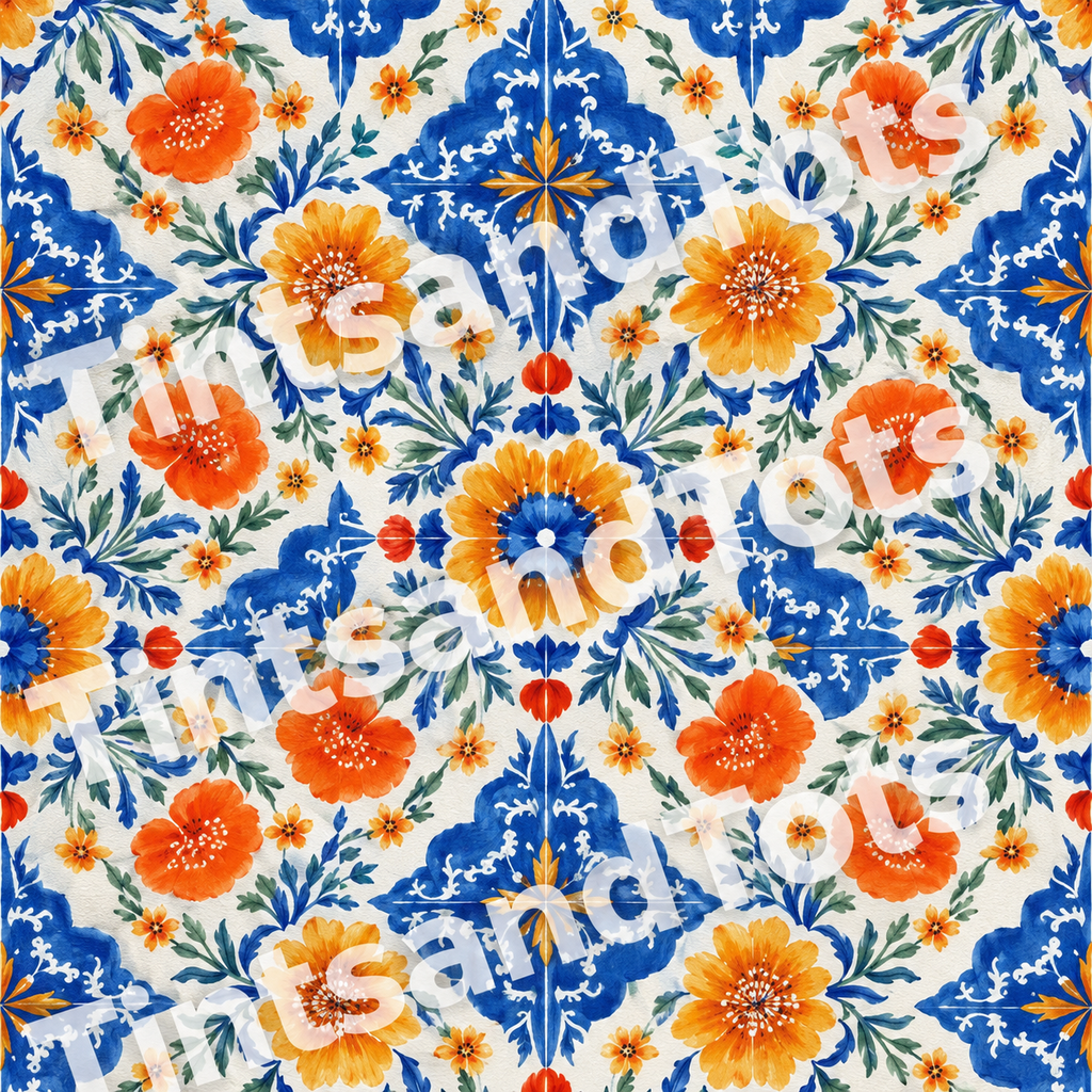 Blue and Orange Mediterranean Floral Tile Wallpaper — zoomed-in design preview with translucent TintsandTots watermark