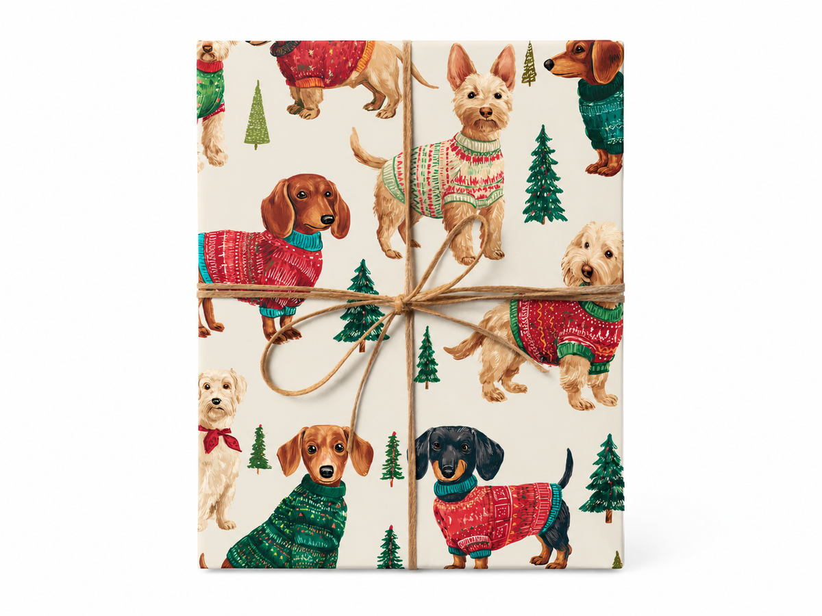 Adorable Dog Sweater Wrapping Paper gift tied with twine