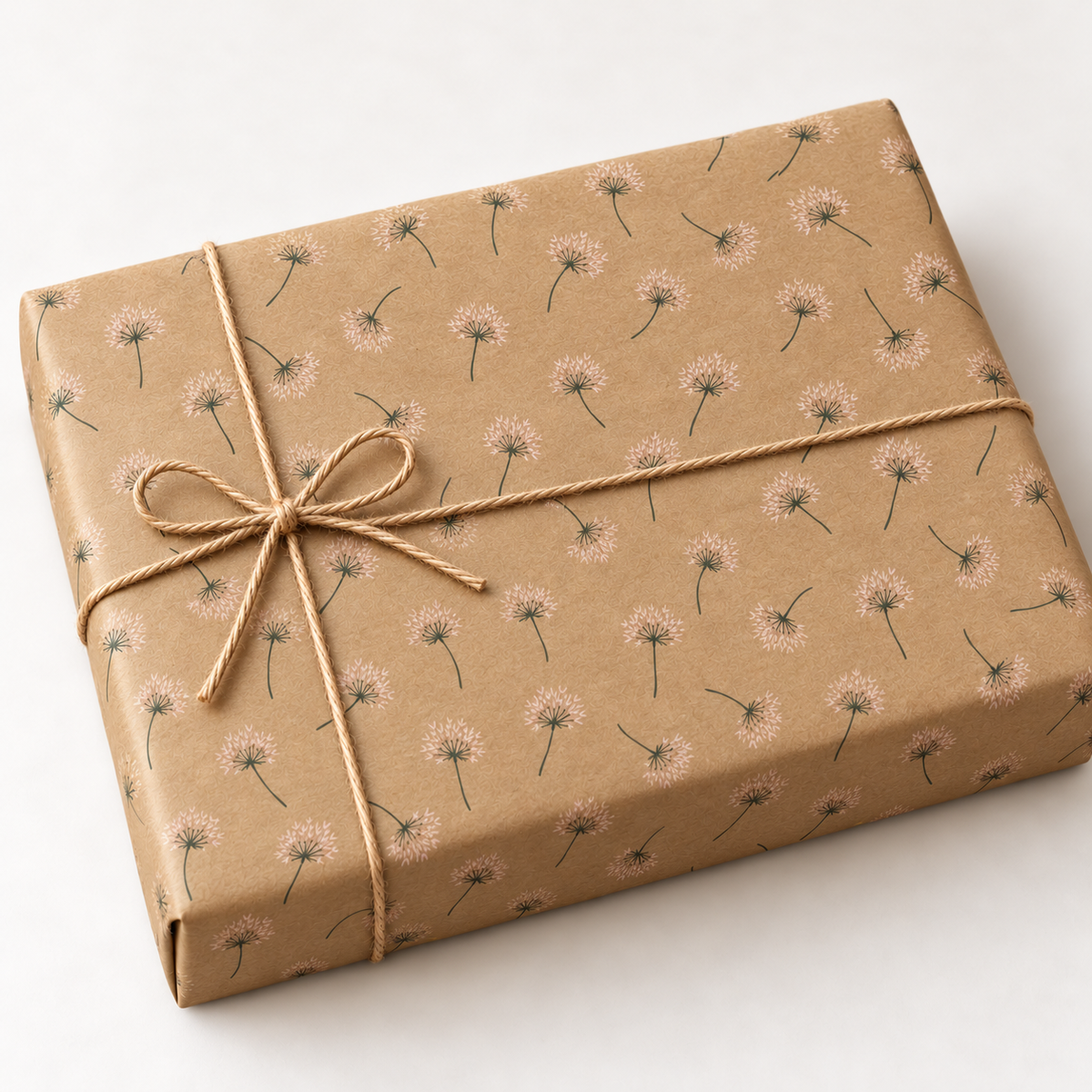 Blush Dandelion Kraft Wrapping Paper wrapped gift with twine