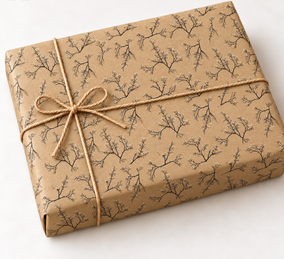 Blossom Branch Kraft Wrapping Paper wrapped gift with twine