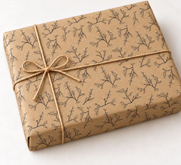 Blossom Branch Kraft Wrapping Paper wrapped gift with twine