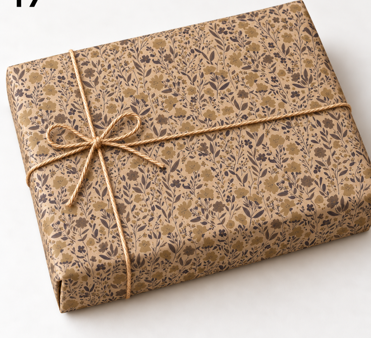 Neutral Meadow Floral Kraft Wrapping Paper wrapped gift with twine
