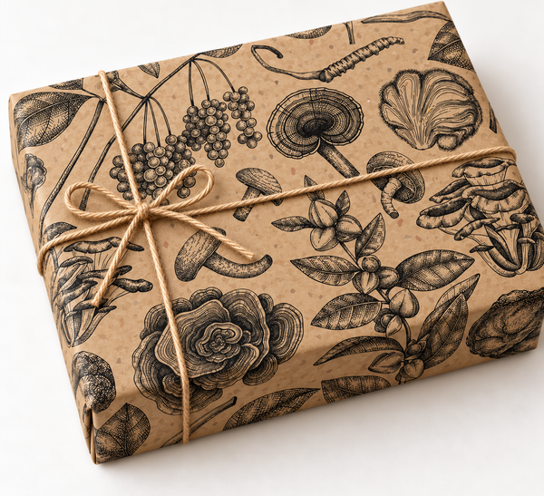 Vintage Mushroom Kraft Wrapping Paper wrapped gift with twine