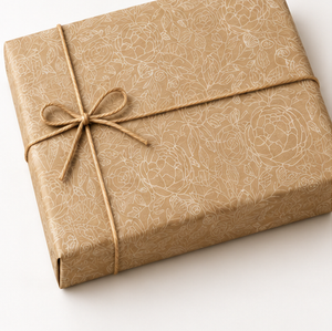 Cream Peony Kraft Wrapping Paper wrapped gift with twine