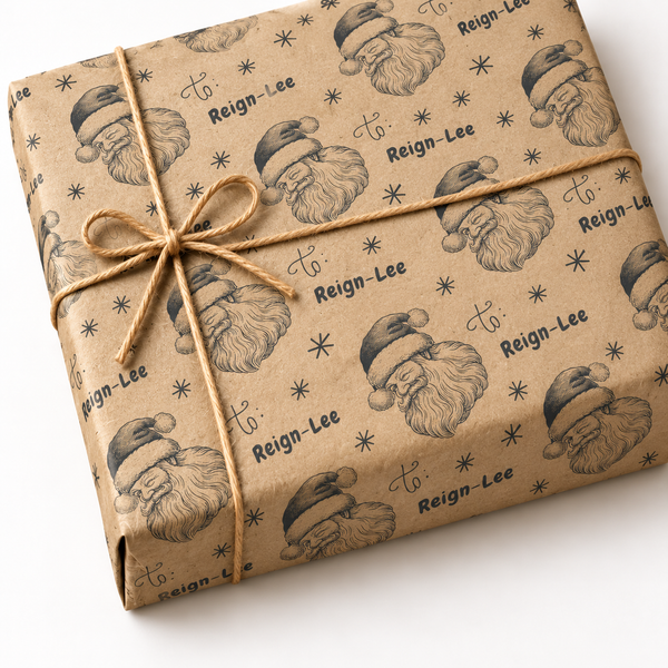 Personalized From Santa Gift Wrap on a kraft wrapped gift with jute twine