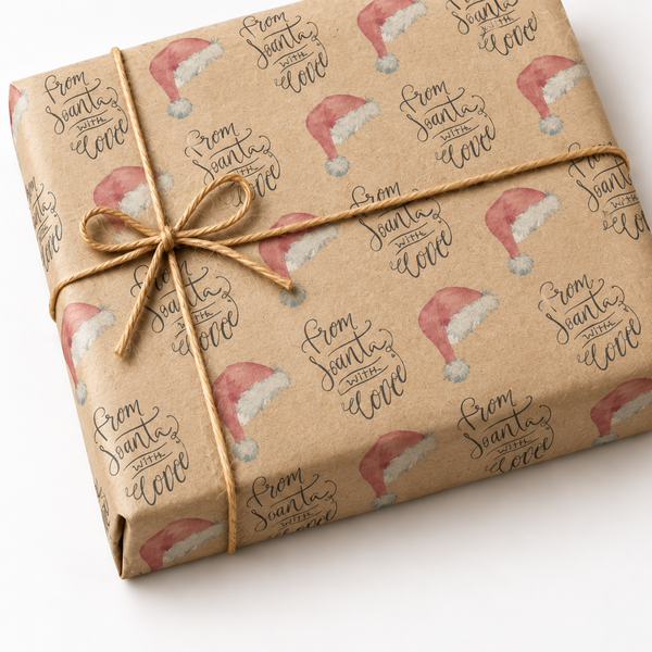 From Santa Gift Wrap on a kraft wrapped gift with jute twine