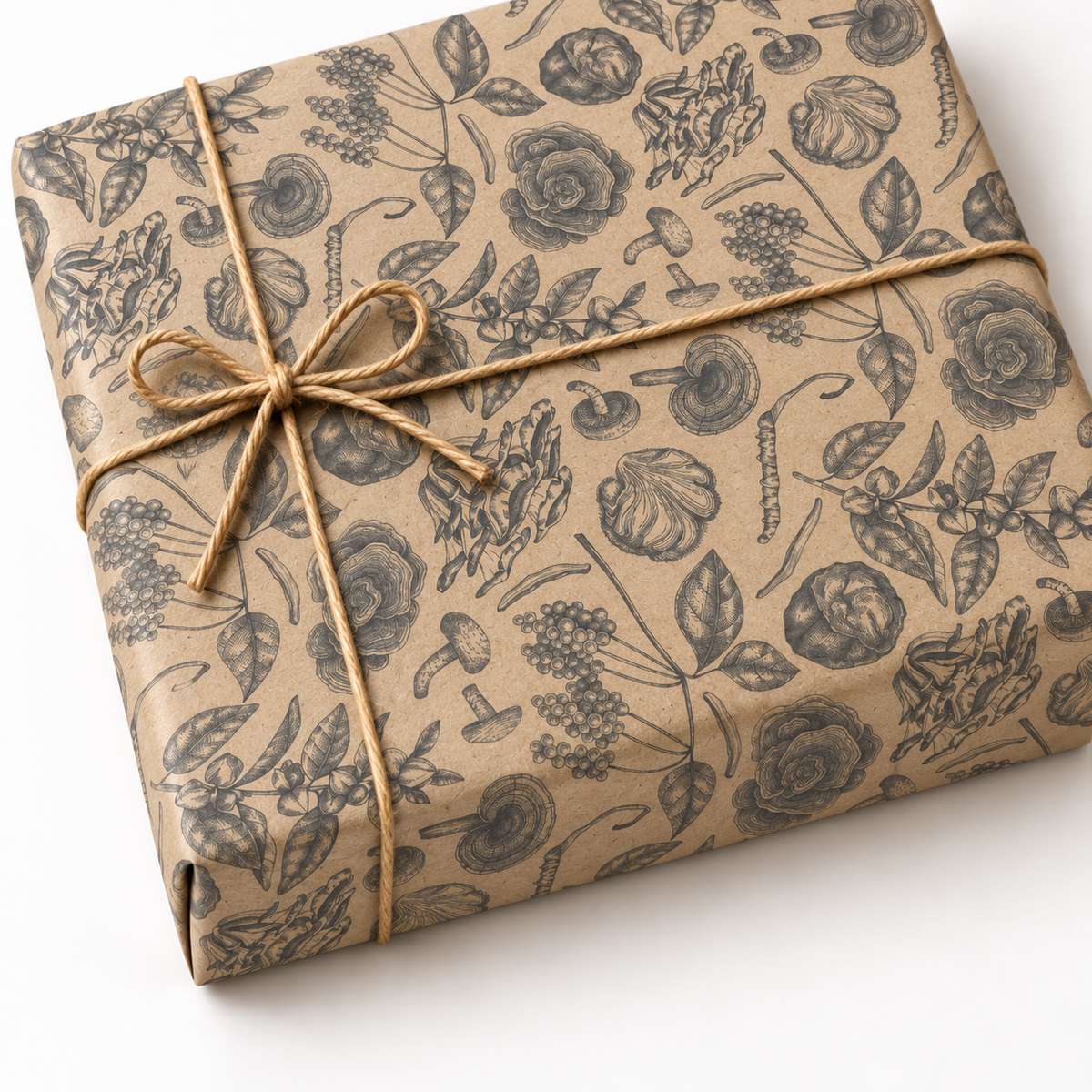 Floral Fern Kraft Gift Wrap on a kraft wrapped gift with jute twine