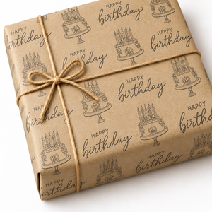 Recycled Happy Birthday Gift Wrap on a kraft wrapped gift with jute twine