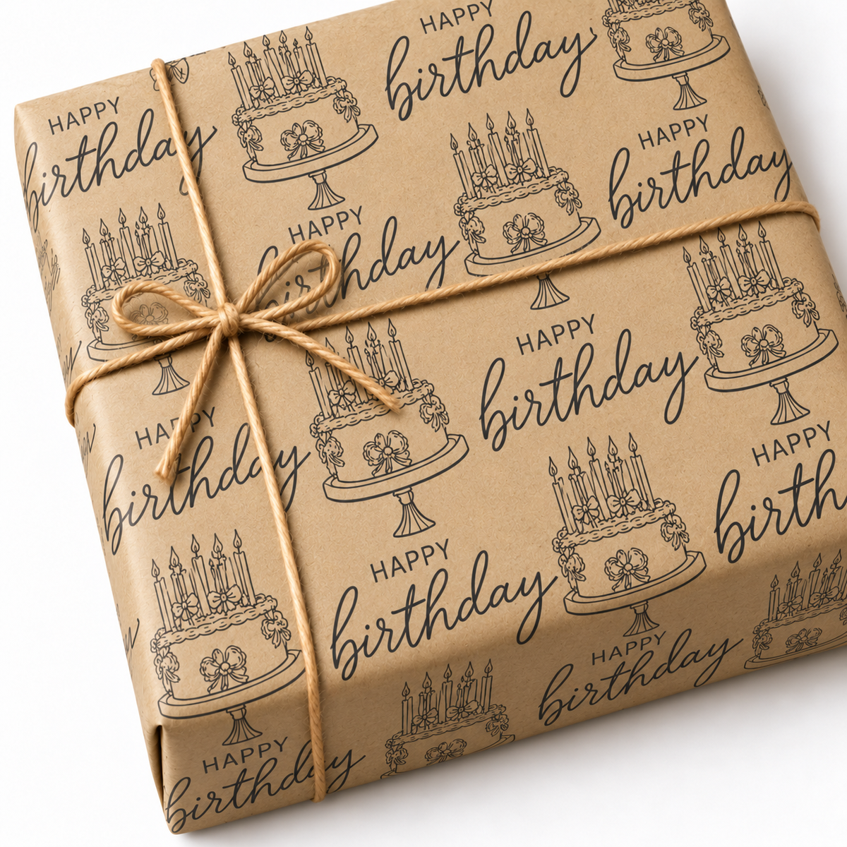 Recycled Happy Birthday Gift Wrap on a kraft wrapped gift with jute twine