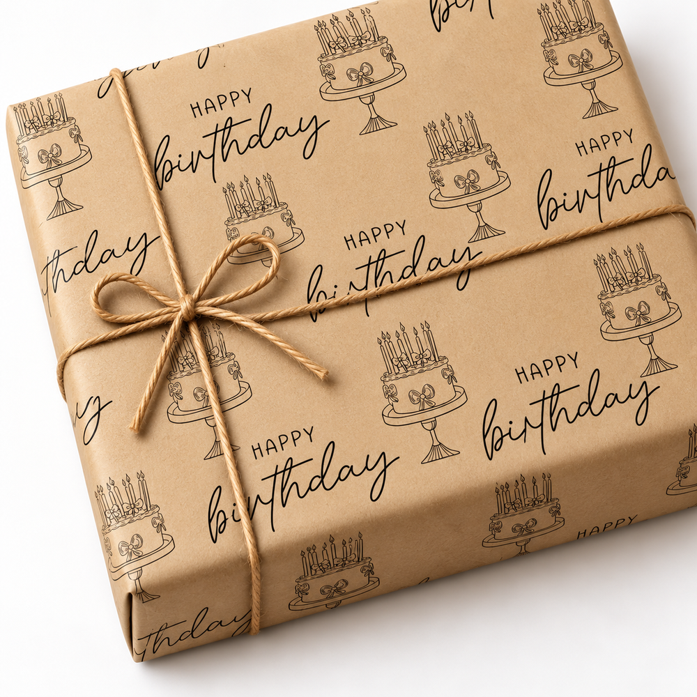 Personalized Recycled Birthday Gift Wrap on a kraft wrapped gift with jute twine