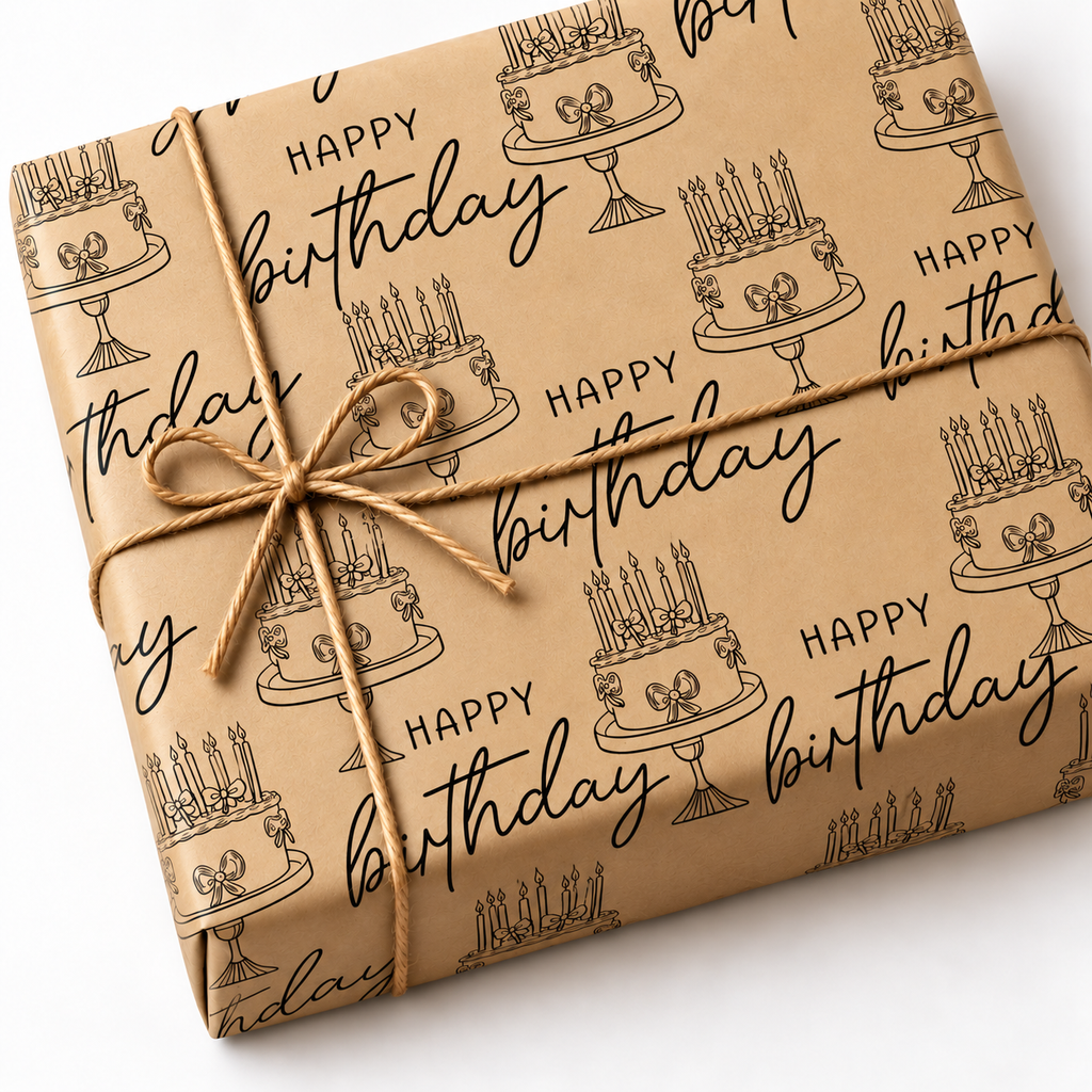 Personalized Recycled Birthday Gift Wrap on a kraft wrapped gift with jute twine
