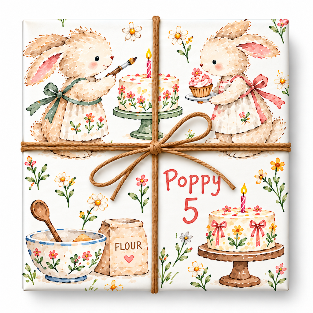 Little Bakers personalized birthday wrapping paper with large artwork and natural twine