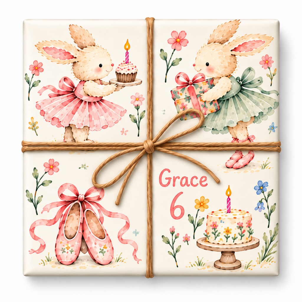 Ballet Birthday Personalized Wrapping Paper with large artwork and continuous twine