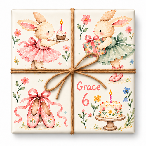 Ballet Birthday Personalized Wrapping Paper with large artwork and continuous twine