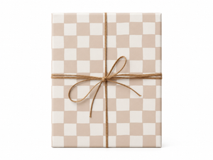 Beige and Cream Checkerboard Wrapping Paper gift tied with twine