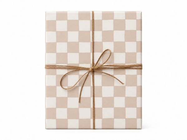 Beige and Cream Checkerboard Wrapping Paper gift tied with twine