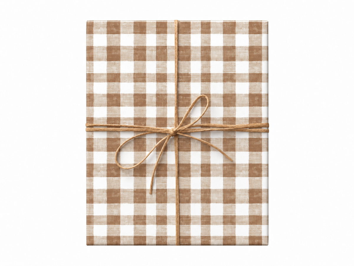 beige gingham wrapping paper gift tied with twine