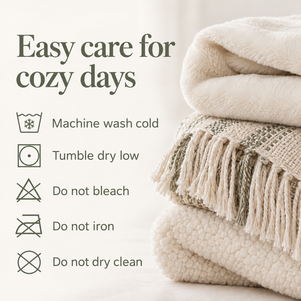 Blanket care: machine wash cold, tumble dry low, do not bleach, do not iron, do not dry clean