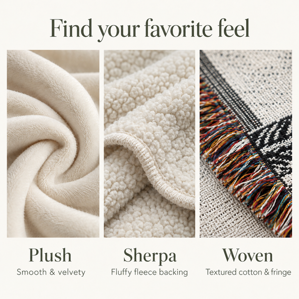 Find your favorite feel: smooth velvety plush, fluffy sherpa fleece backing, and textured woven cotton with fringe