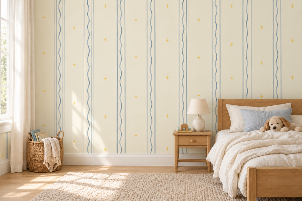 Blue wavy stripe and tiny yellow star wallpaper in kids bedroom, approved wider spacing