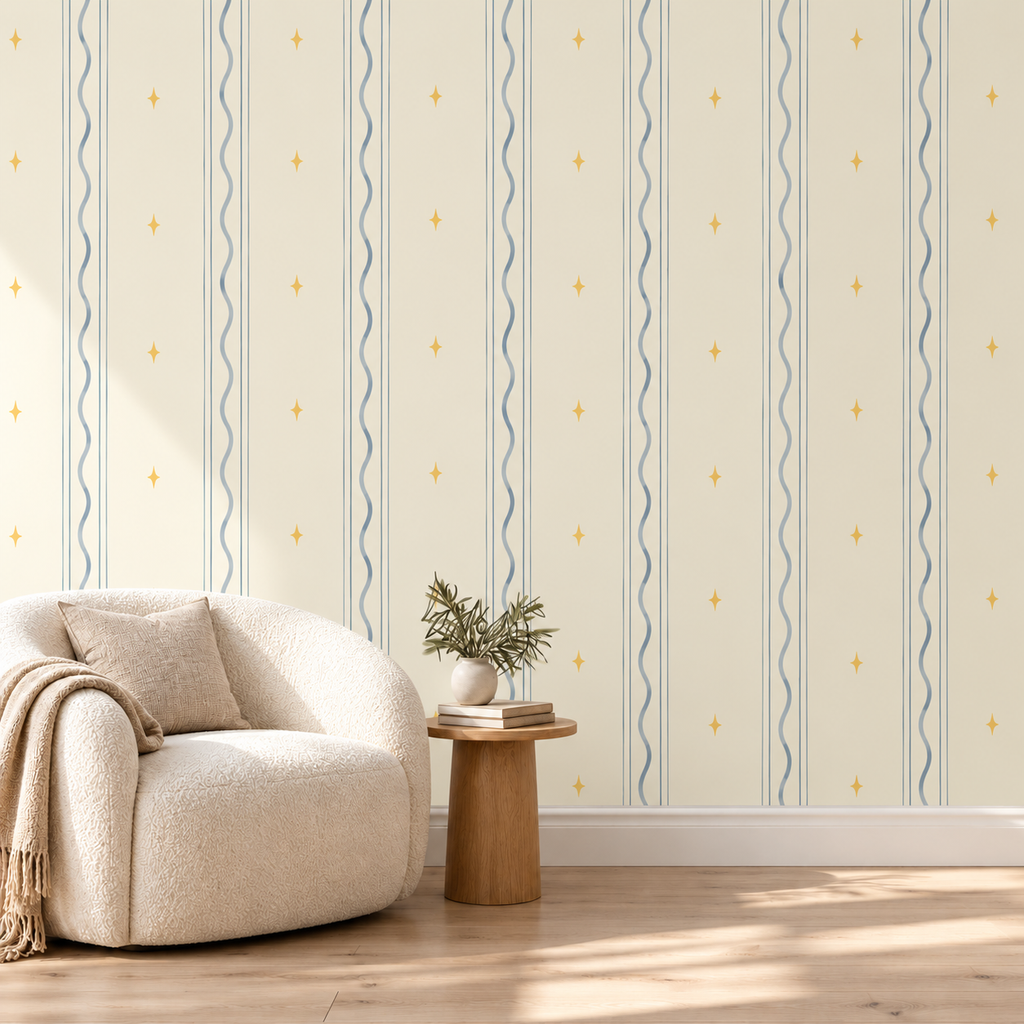 Blue wavy stripe and tiny yellow star wallpaper with cream chair, wider spaced design