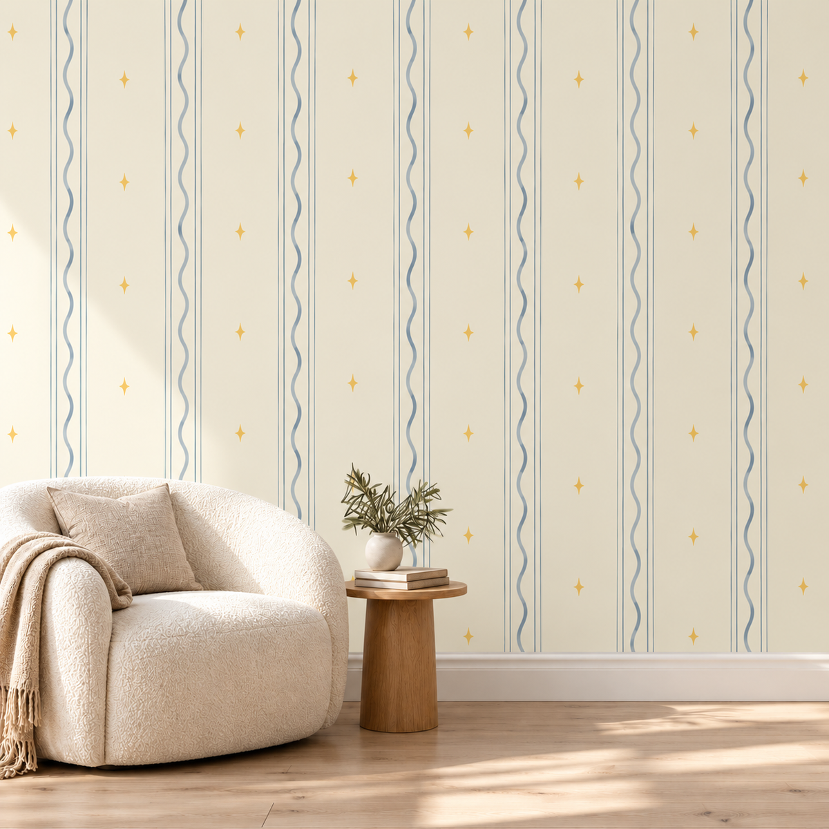 Blue wavy stripe and tiny yellow star wallpaper with cream chair, wider spaced design