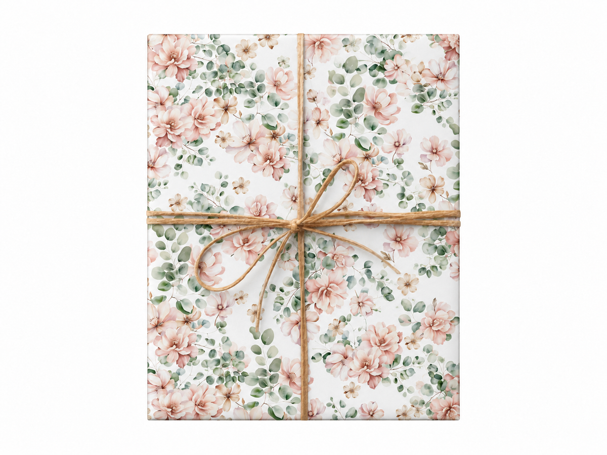 blush watercolor floral wrapping paper gift tied with twine