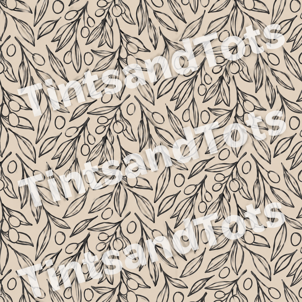 Olive Botanical Leaf Wallpaper — zoomed-in design preview with translucent TintsandTots watermark