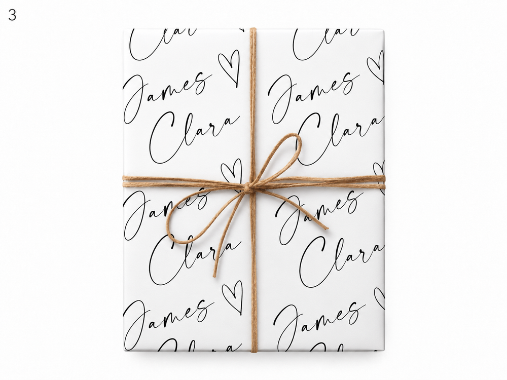 couple names gift wrap tied with twine
