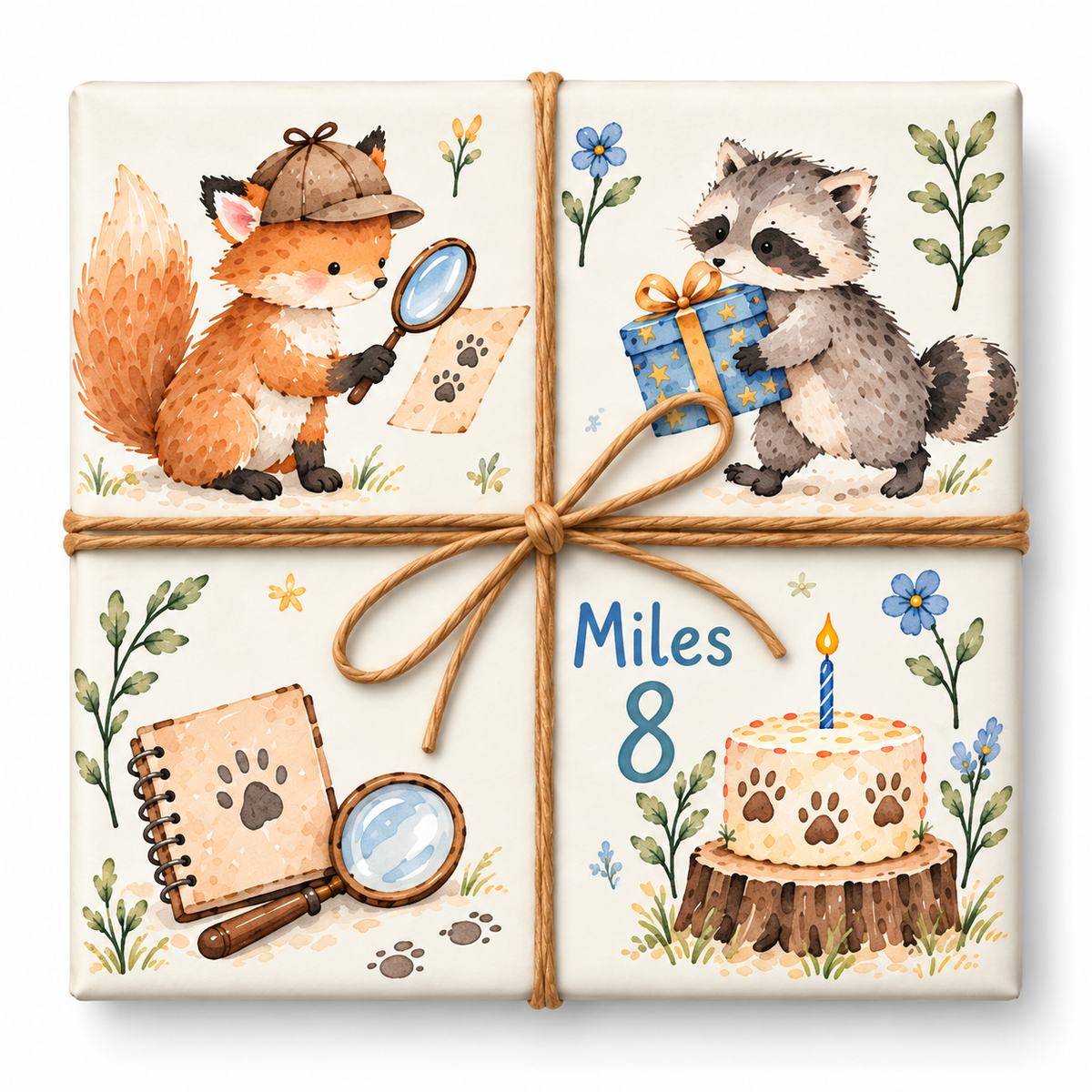 Little Detectives Personalized Birthday Wrapping Paper with large artwork and continuous twine