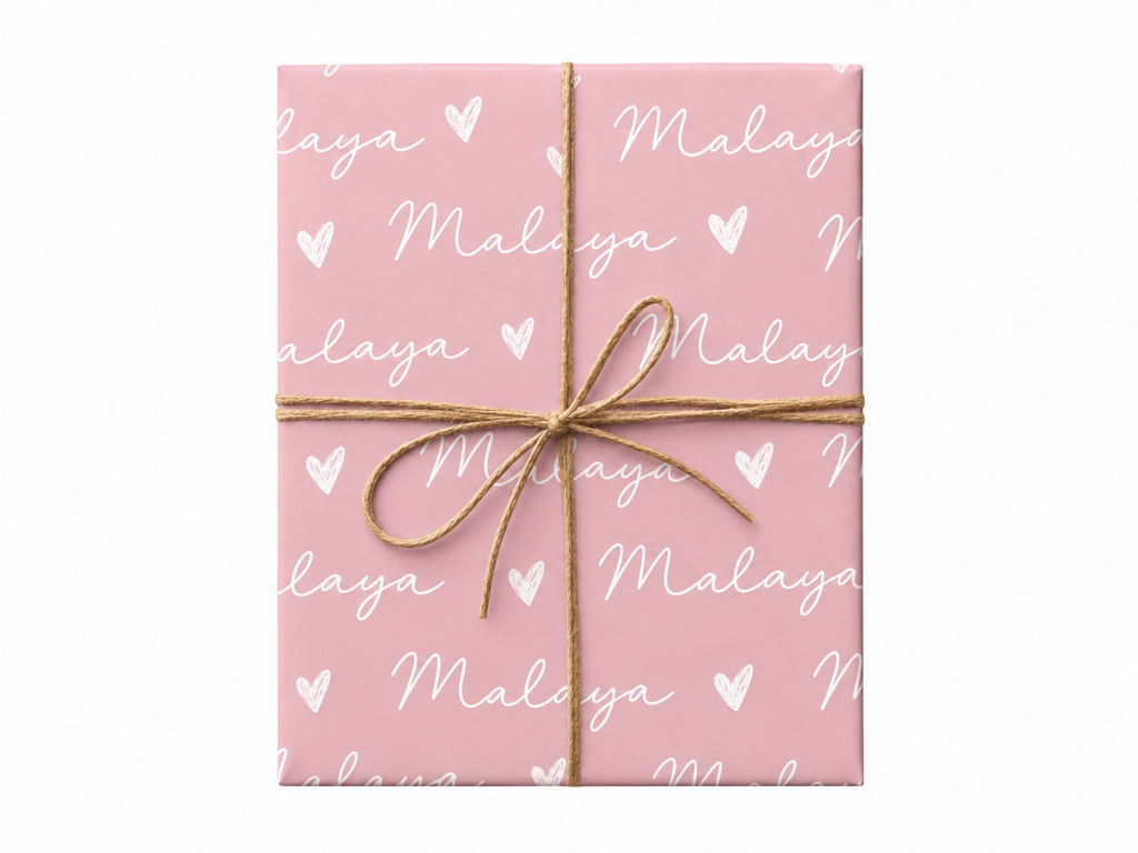 dusty pink name wrapping paper gift tied with twine