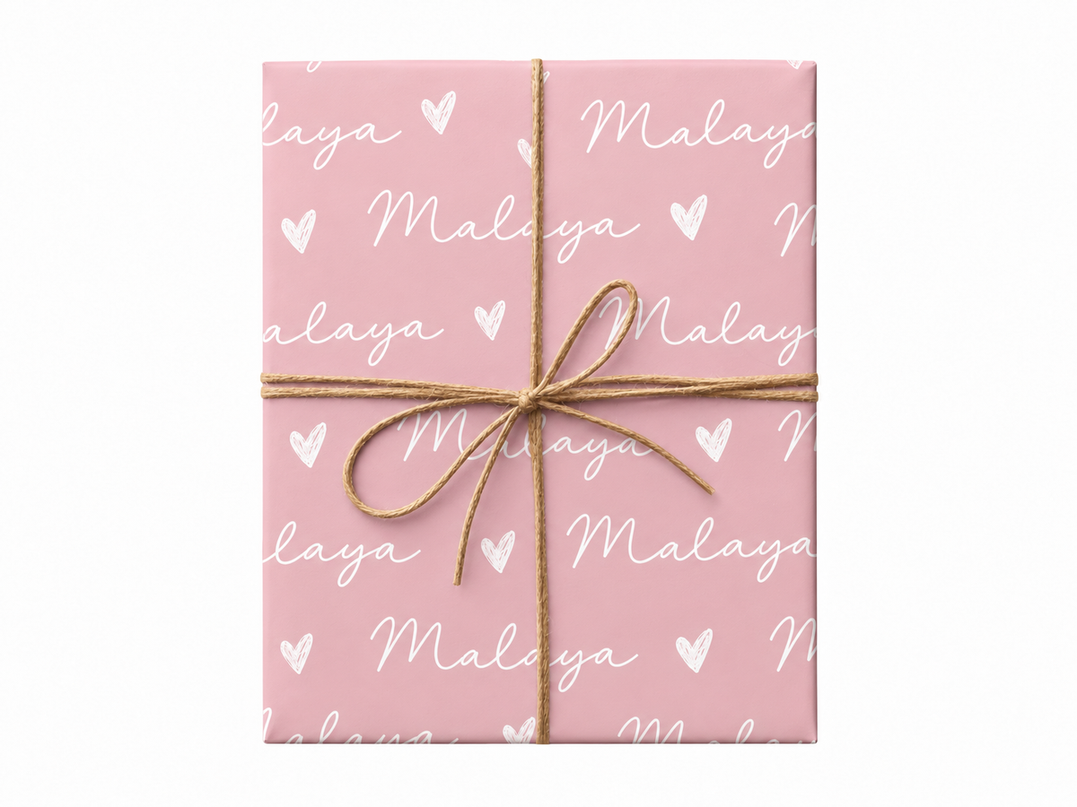 dusty pink name wrapping paper gift tied with twine